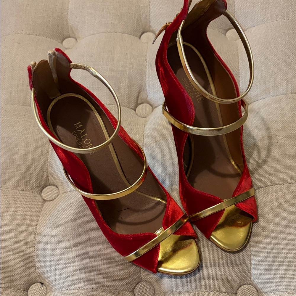 Malone Souliers Scarlet and Gold Heels
